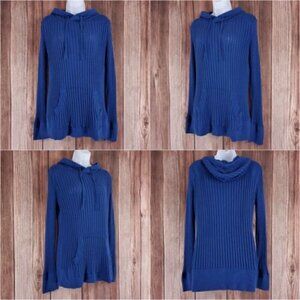 *Flaw Betabrand Seaside Jumper Womens Large Blue Knit Hooded Sweater Thumb Holes